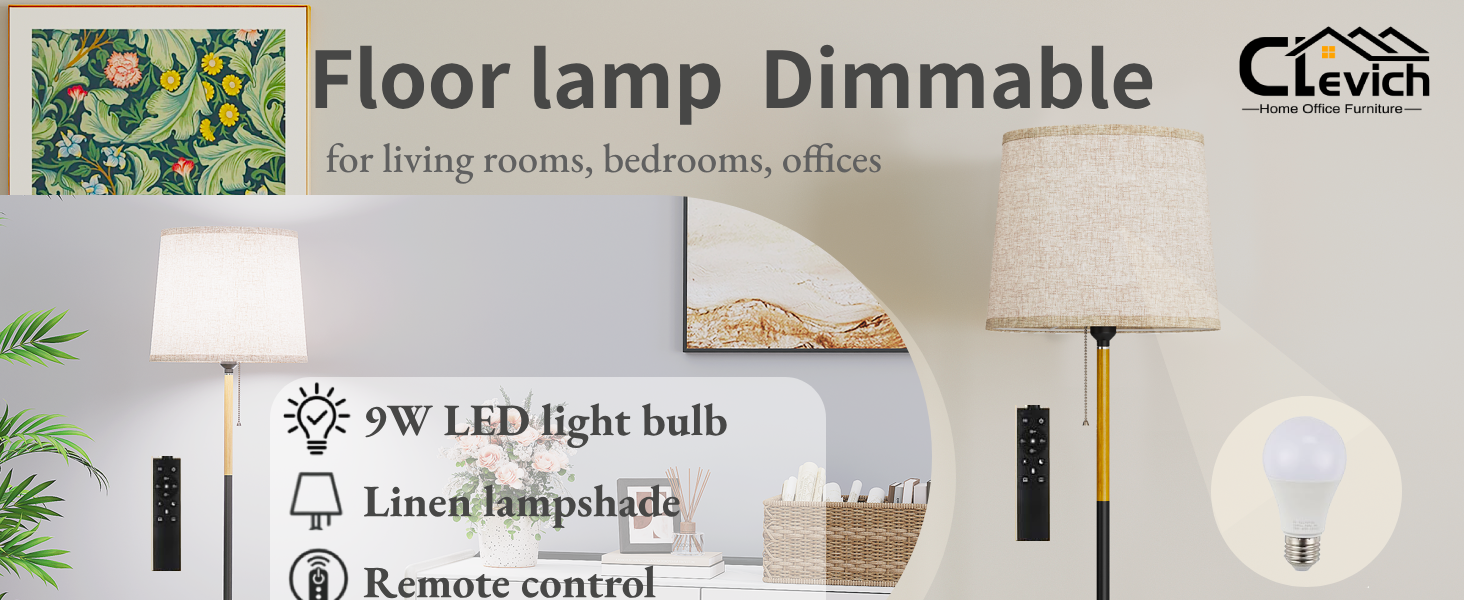 Text reads 'Floor lamp Dimmable CLevich'. Product image shows modern floor lamp in living room setting with remote control functionality and LED light bulb features.
