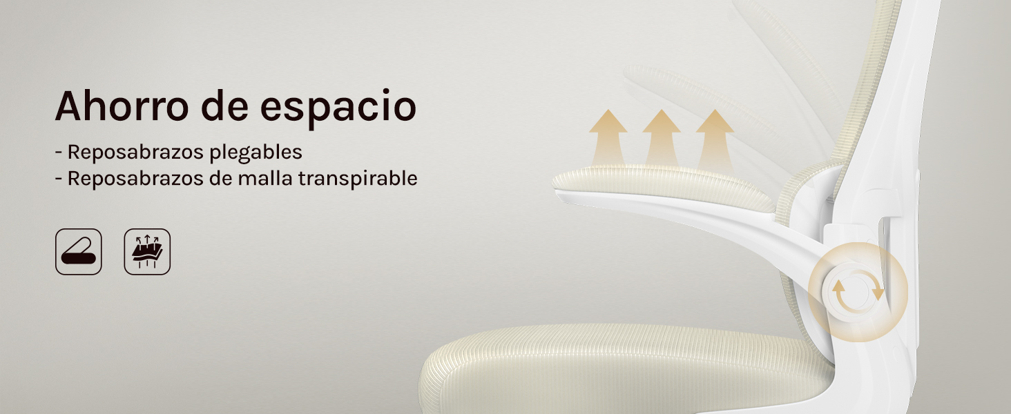 Primer plano del reposabrazos de una silla con tela de malla transpirable. El reposabrazos es plegable y se muestra en posición vertical con flechas