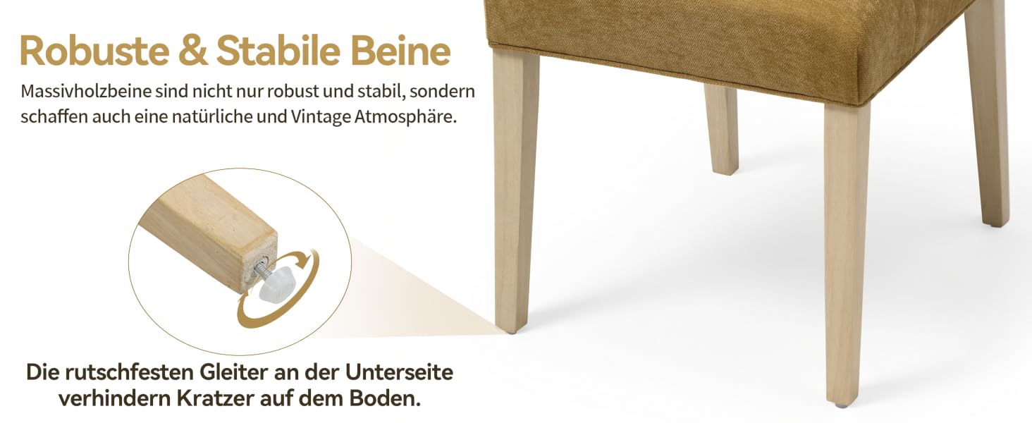 Der Text lautet „Robuste &amp; Stabile Beine“. Diagramm, das Möbelbeine aus Holz mit Maßen und Installationsdetails zeigt.