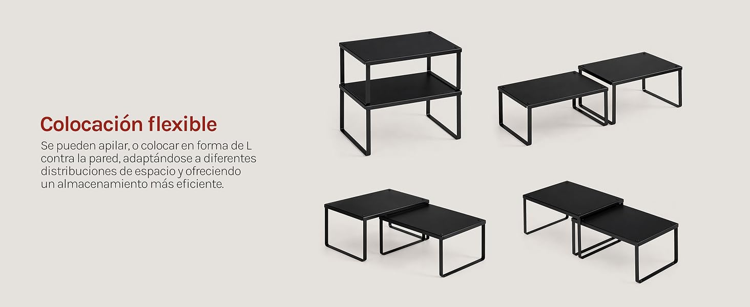 El texto dice «Colocación flexible». Cuatro marcos de mesa o escritorio de metal negro que se muestran en diferentes configuraciones y opciones de disposición sobre fondo gris.