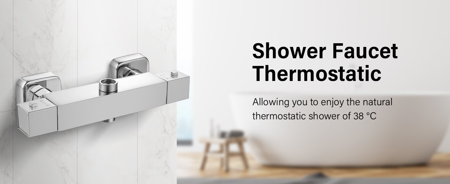 Il testo dice «Rubinetto doccia termostatico». Visualizzazioni multiple di un moderno pannello di controllo per doccia con display digitale della temperatura e pulsanti di controllo.