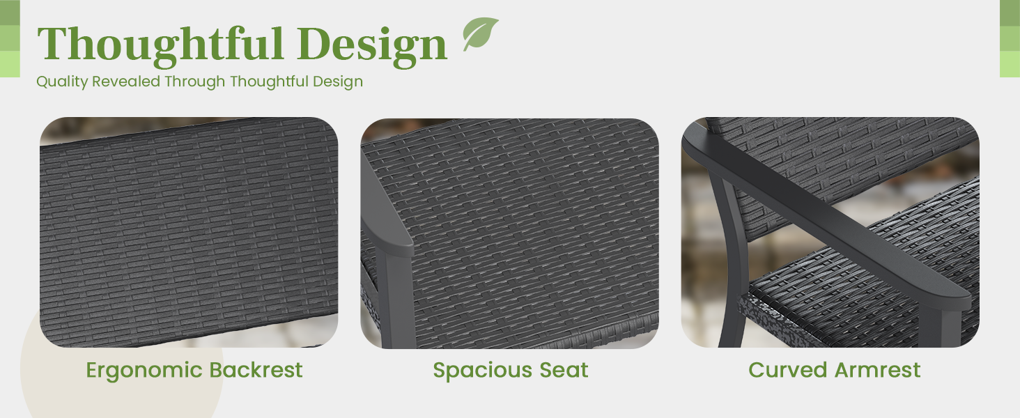 Der Text lautet „Durchdachtes Design“. Serie grauer, strukturierter Matten mit den Aufschriften „Ergonomic Support“, „Spacious Size“ und „Curved Armrest“.