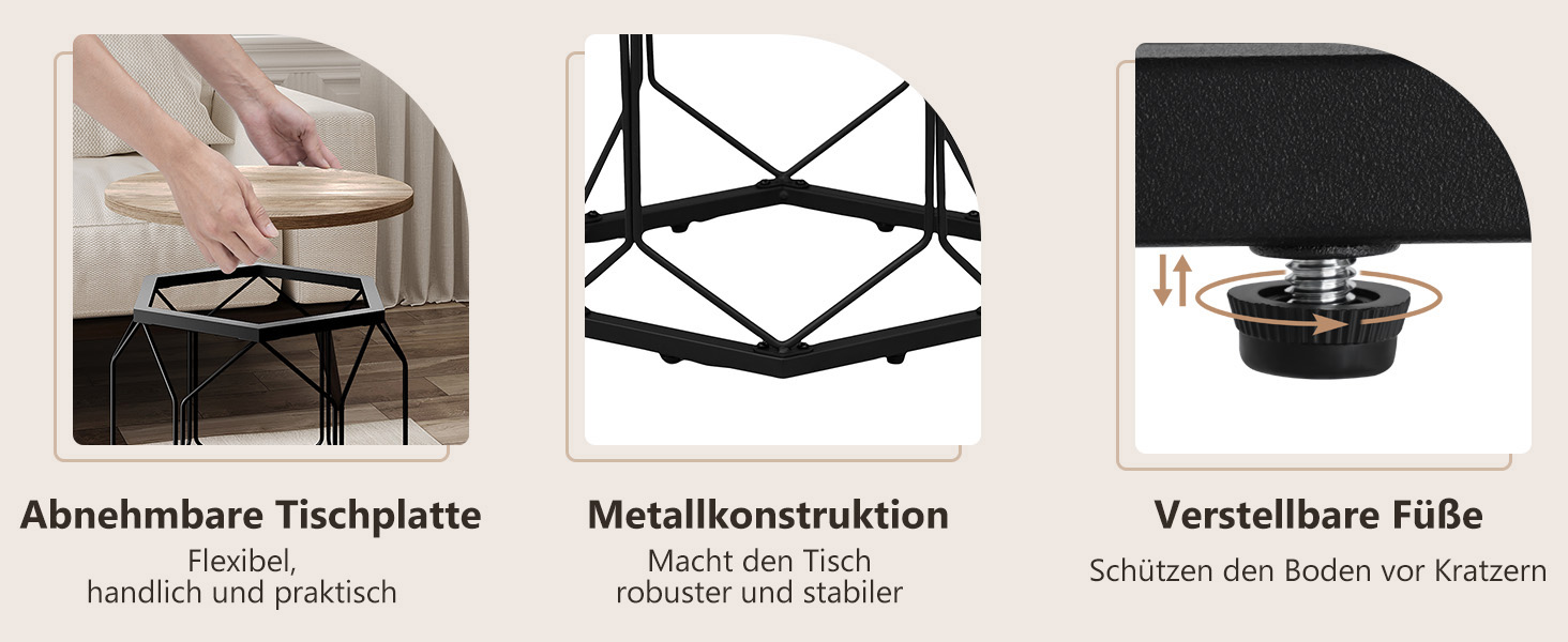 Produktpräsentation eines runden Beistelltisches mit drei Paneelen. Verfügt über eine abnehmbare Holzplatte, eine Metallrahmenkonstruktion und verstellbare Füße, um den Boden vor Kratzern zu schützen