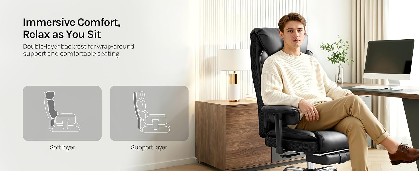 Text reads 'Irresistible Comfort, Relax as You Sit'. Split image showing ergonomic chair features and person sitting at desk with computer.