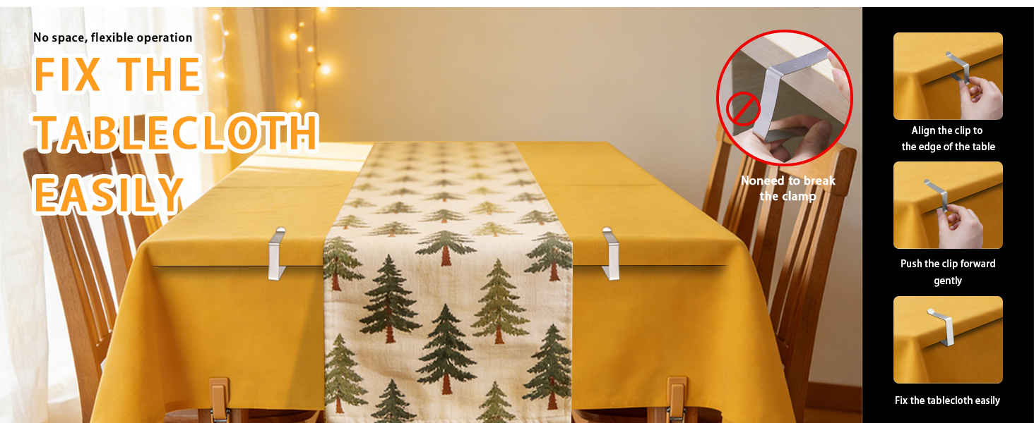 Text reads 'FIX THE TABLECLOTH'. Dining table setting with yellow tablecloth decorated with pine tree pattern, against warm ambient lighting.