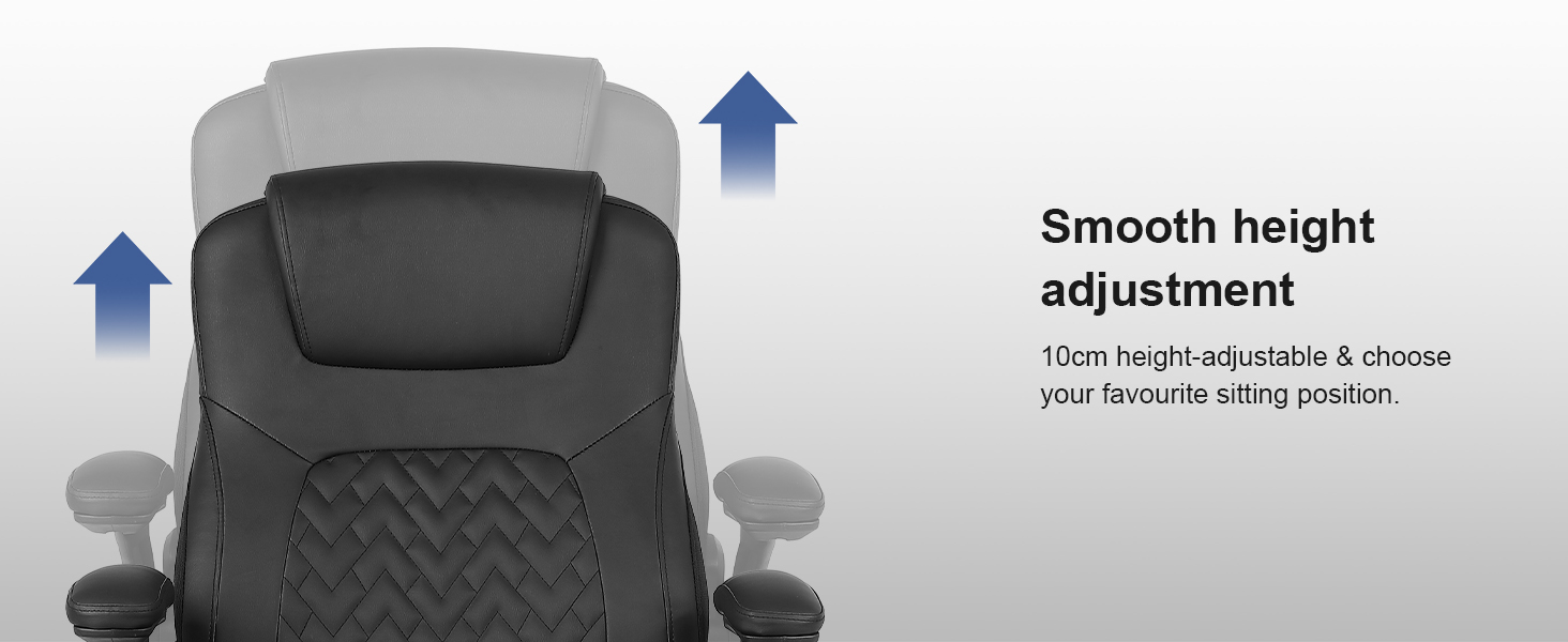 Black office chair with quilted backrest pattern, featuring height adjustment capability with upward arrow indicators.