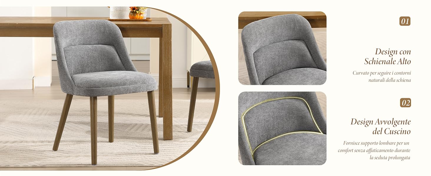 Tre viste di una sedia da pranzo imbottita grigia con schienale curvo e gambe in legno, mostrata da diverse angolazioni su sfondo bianco.