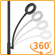 Flexible schwarze Schwanenhalslampe mit rundem LED-Leuchtenkopf. Das Symbol zeigt die 360-Grad-Drehbarkeit. Einstellbarer Arm für vielseitige Positionierung