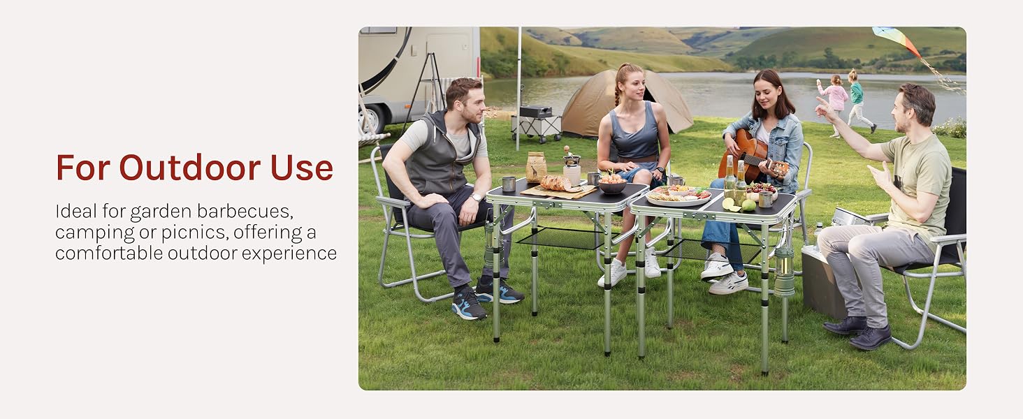 Text reads "For Outdoor Use". Outdoor sports scene showing group of people playing soccer on grass field.