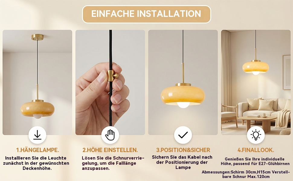 Der Text lautet „EINFACHE INSTALLATION“. Eine schrittweise Installationsanleitung für die Pendelleuchte zeigt, wie die Hände eine goldene kuppelförmige Deckenleuchte im Wohnzimmer montieren.