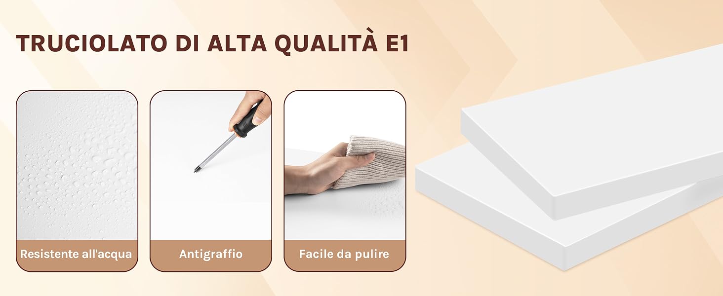 Diagramma del prodotto che mostra il compensato di alta qualità. Illustra la resistenza all'acqua, le proprietà antitermite e la facilità di taglio. Lastre di compensato bianche visibili