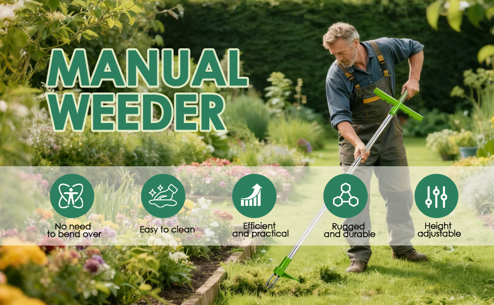 Le texte se lit comme suit : « DÉSHERBEUR MANUEL » avec cinq icônes circulaires en dessous. Personne travaillant dans le jardin avec un outil de désherbage. Image marketing illustrant les avantages des produits de jardinage.