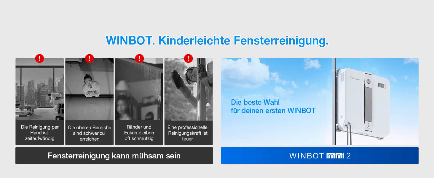 Der Text lautet „WINBOT Automatische Fensterreinigung“. Reihe von Anleitungsbildern, die die Installationsschritte des Fensterreinigungsroboters in Graustufen- und Blautönen zeigen.