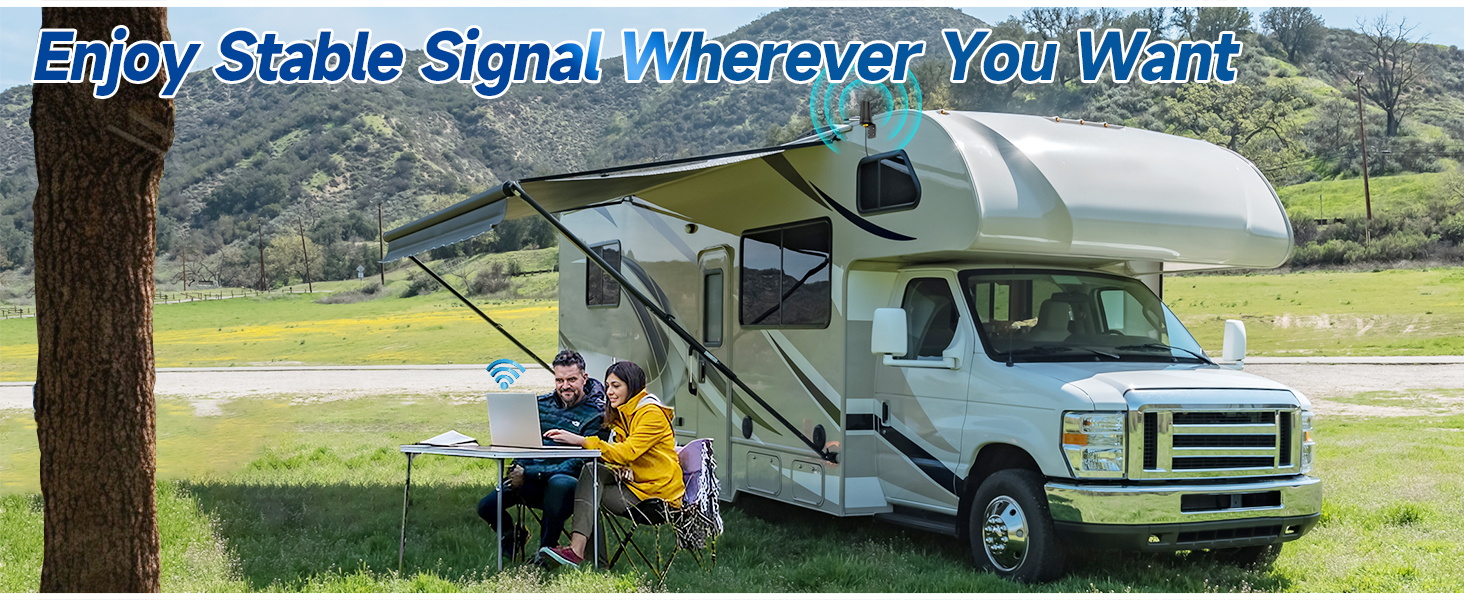 RV parked in grassy field with mountains in background. Two people sit at a table outside. Text overlay: 'Enjoy Stable Signal Wherever You Want'.