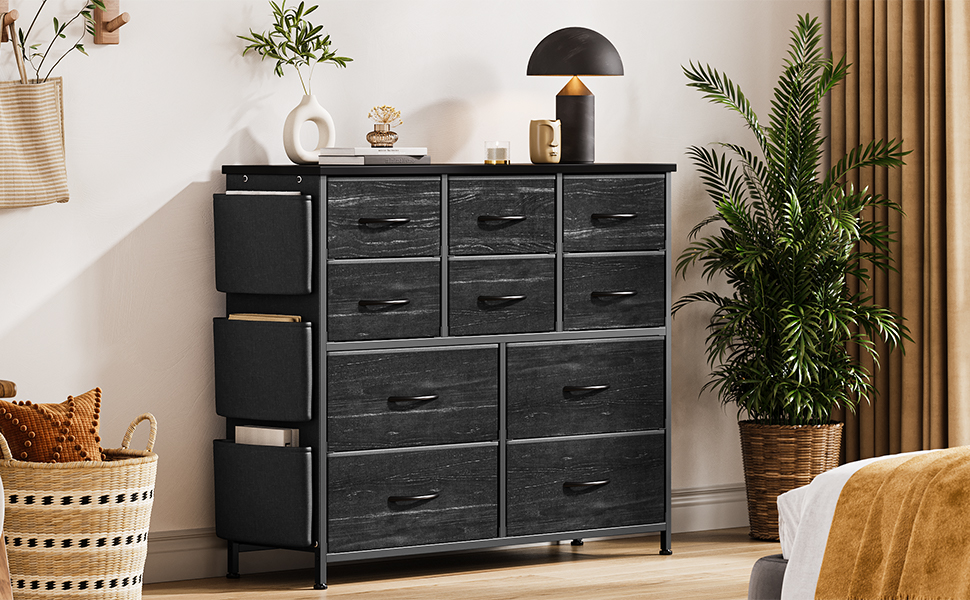 Commode 10 tiroirs pour chambre à coucher en tissu avec poches latérales