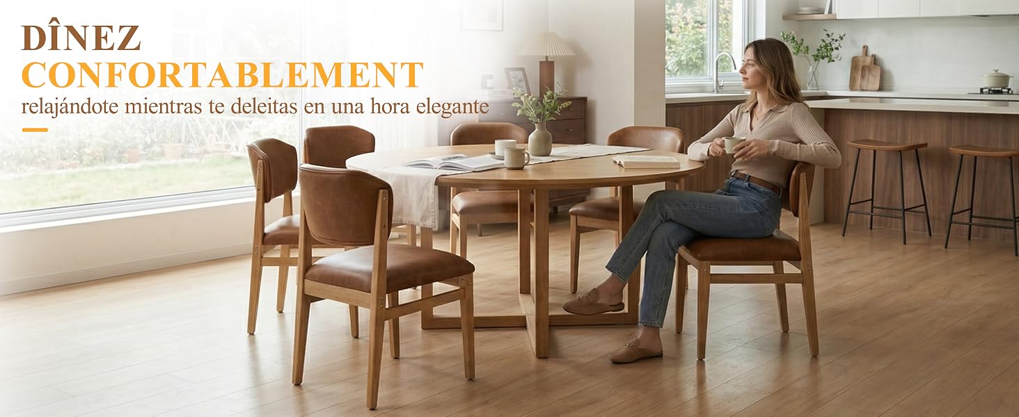 Le texte indique « DÎNEZ CONFORTABLEMENT » et « Qualité supérieure à prix attractif ». Table à manger en bois avec chaises dans un salon lumineux et moderne avec lumière naturelle.
