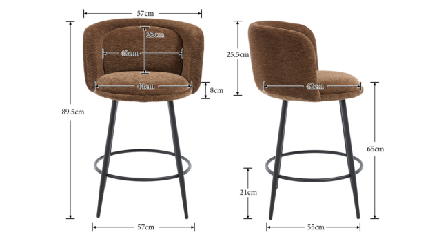 Technical diagram showing dimensions and measurements of brown upholstered chair designs from multiple angles, with specific measurements marked in centimeters.