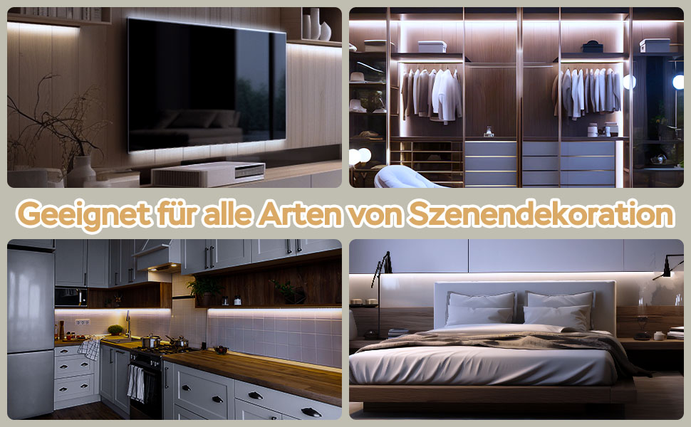 Kompositbild mit LED-Streifenbeleuchtung in verschiedenen Raumeinstellungen: Wohnzimmer mit Fernseher, begehbarer Kleiderschrank, Küche mit Unterschrankbeleuchtung und Schlafzimmer mit Umgebungsbeleuchtung