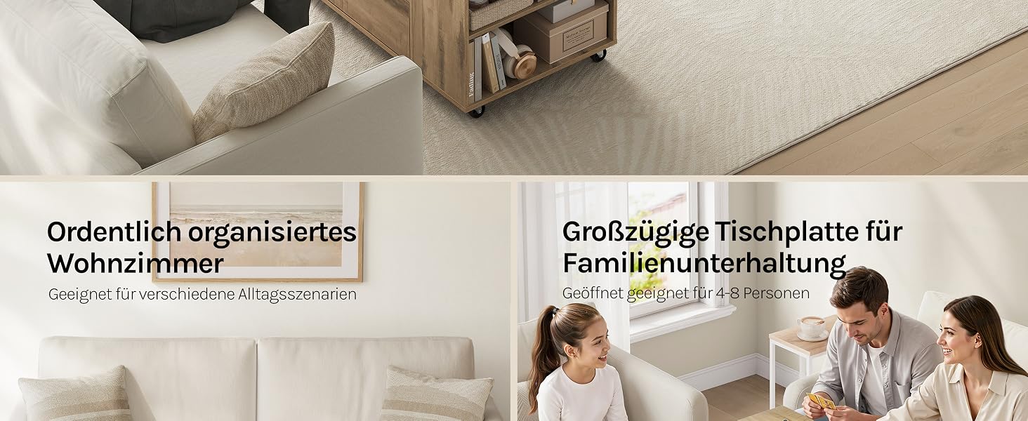 Der Text lautet „Ordentlich organisiertes Wohnzimmer“ und „Großzügige Tischplatte für Familienunterhaltung“. Geteiltes Bild, das die organisierte Aufbewahrung im Zimmer und das Familientreffen an einem Tisch mit hellen Textilien zeigt.