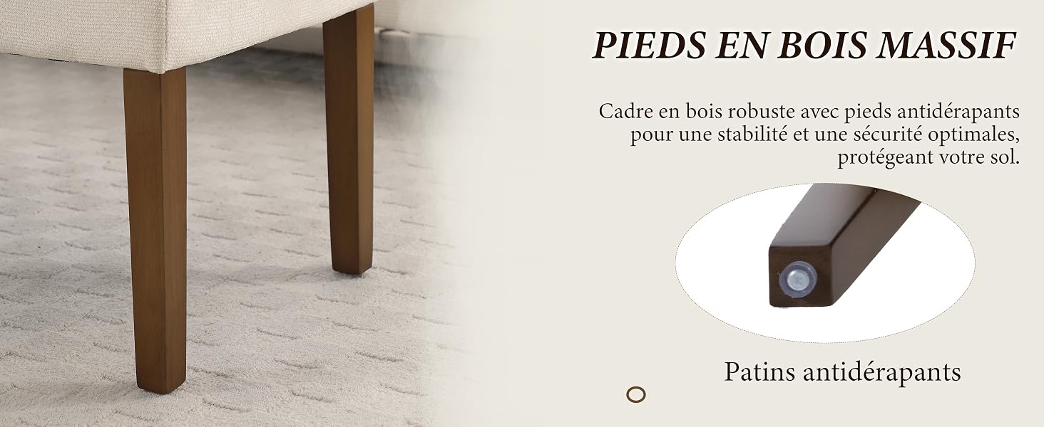 Le texte indique « PIEDS EN BOIS MASSIF » et « Patins antidérapants ». Images rapprochées de pieds de meubles en bois massif avec des patins antidérapants installés sur le fond.