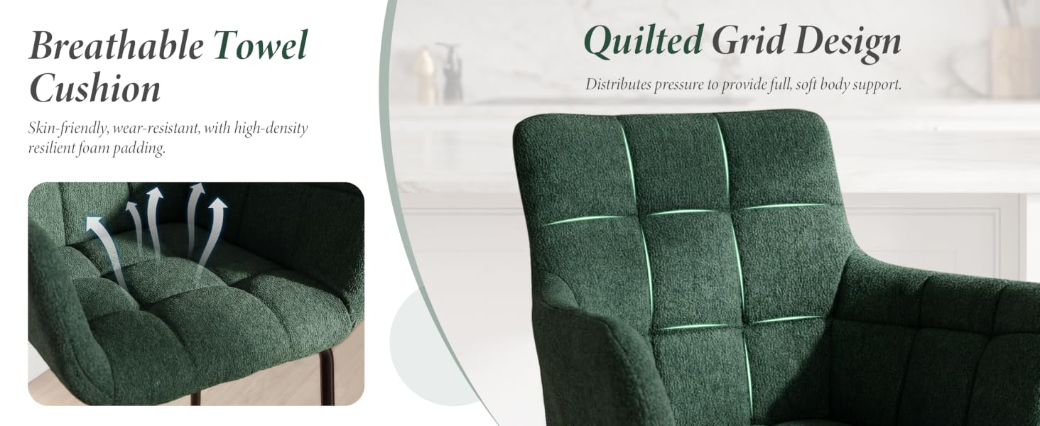 Text reads 'Breathable Towel Cushion' and 'Quilted Grid Design'. Green textile cushion with hand imprint and quilted grid pattern shown in two views demonstrating fabric texture and structure.