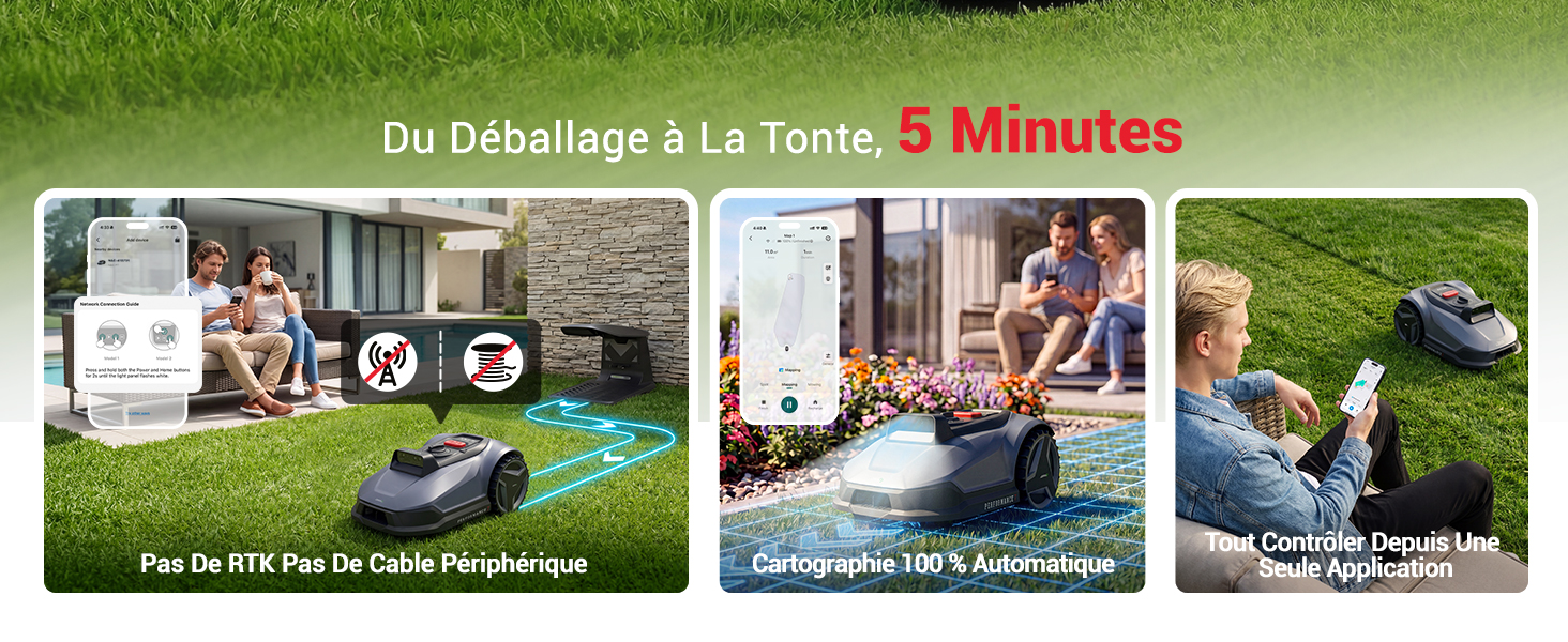 Le texte se lit comme suit : « Du Déballage à La Tonte : 5 minutes ». Quatre photographies montrant une tondeuse à gazon robotisée dans différents environnements extérieurs et des scénarios d'utilisation sur gazon.