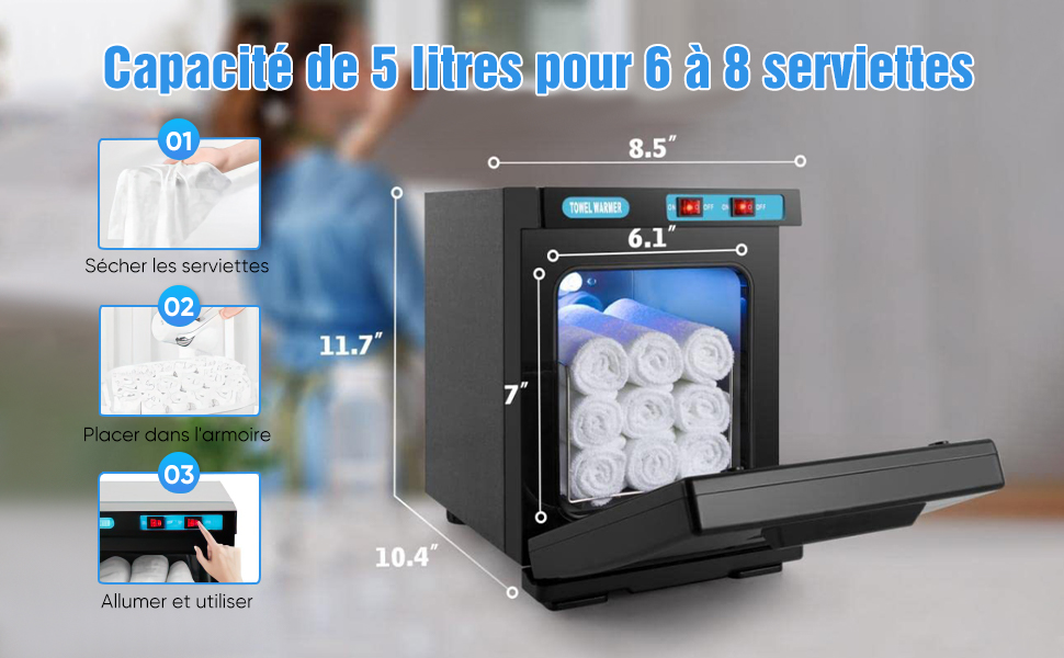 Scaldasalviette compatto con display digitale. Capacità di 5 litri o da 6 a 8 asciugamani. Dimensioni: 46 cm di profondità, 29 cm di larghezza, 18 cm di altezza.