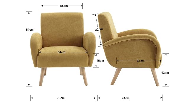 Mustard yellow armchair with wooden legs. Front and side views shown with dimensions: 81cm height, 74cm width, 73cm depth. Seat width 54cm, seat height 42cm.
