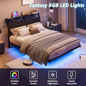 Text reads "Fantasy RGB LED Lights", "Multiple Colors", "Dynamic Modes", "Brightness Adjustable", "Speed Adjustable". Bedroom featuring bed with colorful RGB lighting strips in blue, creating ambient lighting effect.