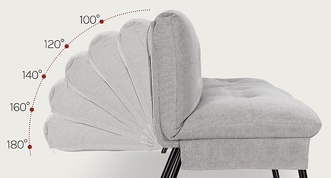 El texto dice «100°», «120°», «140°», «160°», «180°». Chaise lounge tapizado en gris con respaldo ajustable que muestra posiciones de ángulo de reclinación de 100 a 180 grados, patas de metal.