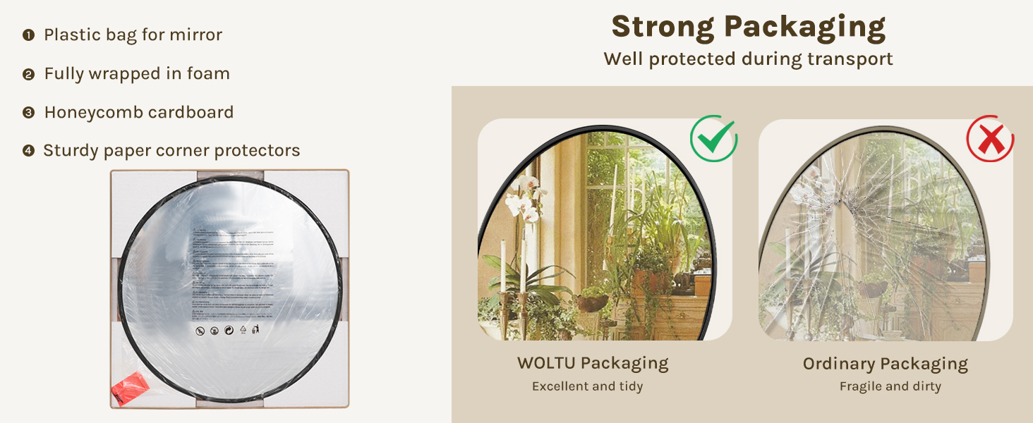 Comparison of mirror packaging methods. Left: WOITU packaging with clear mirror. Right: Ordinary packaging with cracked mirror. Text lists features: plastic bag, foam wrap, cardboard, corner protectors.