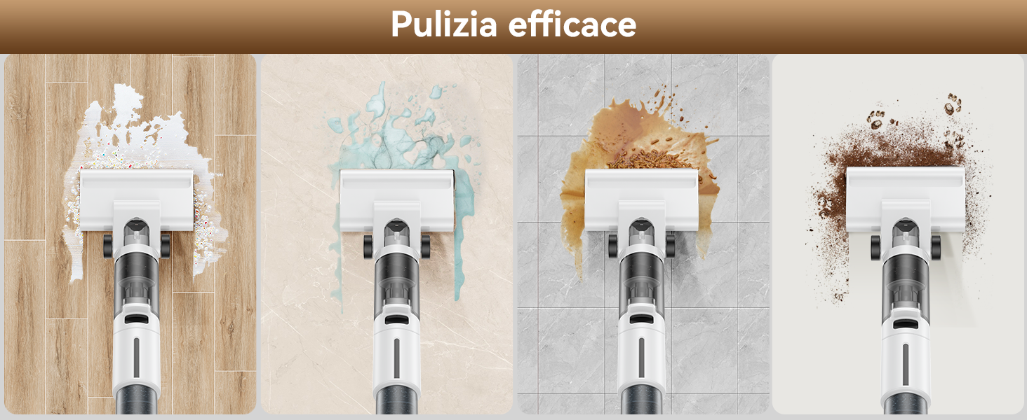 Quattro testine di aspirazione su diverse superfici del pavimento, che dimostrano un'efficace pulizia dei detriti bianchi, azzurri, marroni e marroni su legno, piastrelle e