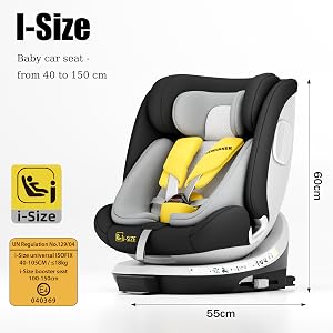 El texto dice «i-Size» «silla de coche para bebés de 40 a 150 cm». La imagen del asiento de coche muestra un asiento de seguridad infantil negro y gris con detalles en amarillo, con unas dimensiones indicadas en 58 cm.