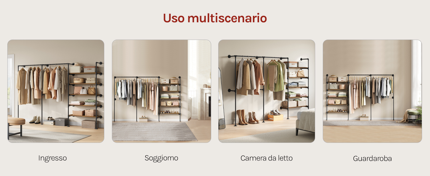 Collezione di sistemi di stoccaggio per garage organizzati che mostrano scaffali e ganci a parete per attrezzi e attrezzature in varie configurazioni.