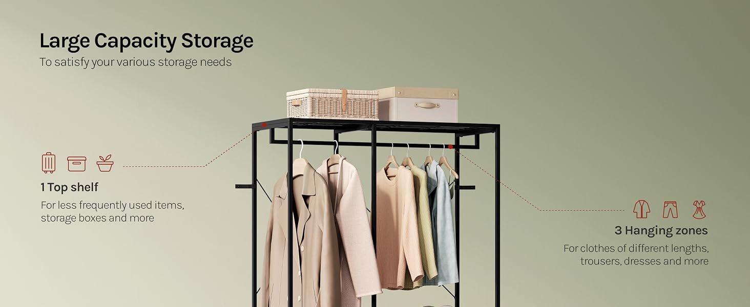 Text reads "Large Capacity Storage, 1 clothing rack, hold all things easily" and "1 top shelf" and "3 hanging ropes". Garment rack with horizontal bar, top shelf, and hanging ropes displayed against neutral background.