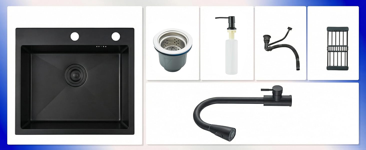 Disposition du produit montrant divers composants d'un système d'évier de cuisine noir, y compris le robinet, le drain et les accessoires sur fond blanc.