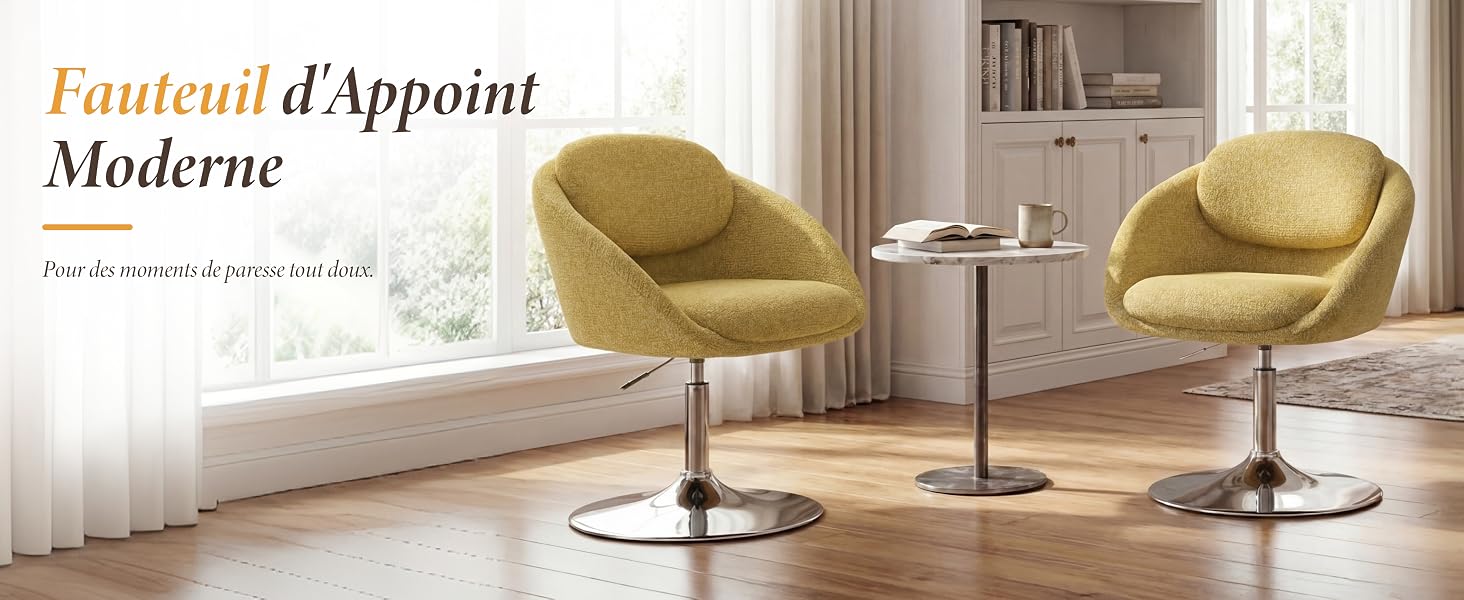 Le texte indique « Moderne » et « Fauteuil d'Appoint'. Espace intérieur moderne avec des fauteuils d'appoint vert olive et un mobilier minimaliste sur des murs blancs.