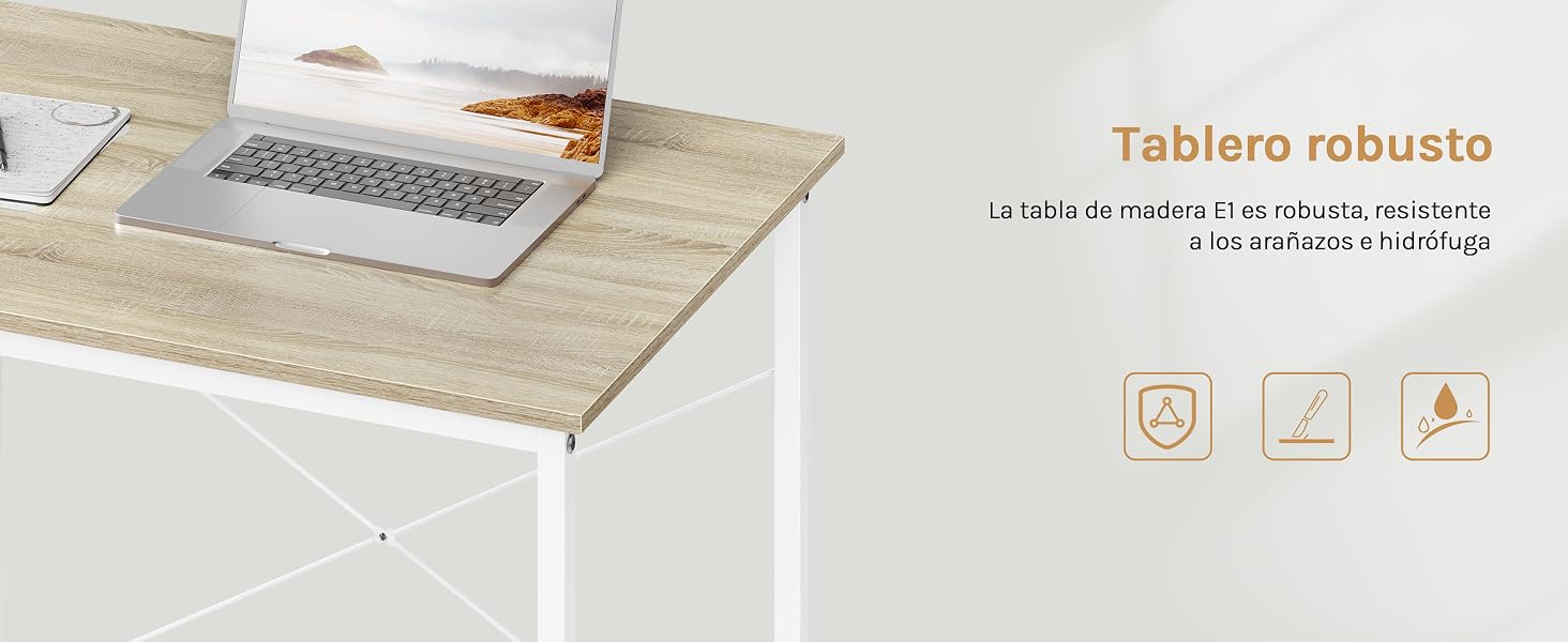 El texto dice «Tablera robusto». La imagen muestra la superficie de un escritorio de madera con un ordenador portátil, lo que demuestra una construcción robusta.