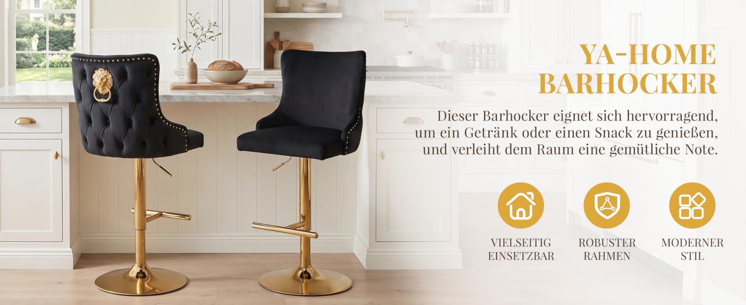Der Text lautet „IN-HOME HAIR SALON“ mit den unten aufgeführten Produktmerkmalen. Innenszene mit zwei schwarzen Stühlen mit goldenen Beinen in der Nähe des Fensters mit Werbetext und Feature-Symbolen.