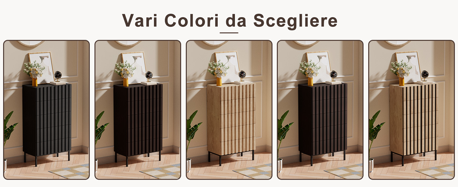 Il testo recita 'Vari Colori da Scegliere'. Cinque varianti di colore dei bagagli o delle valigie a costine verticali esposti fianco a fianco, con diverse opzioni di finitura in toni neutri.