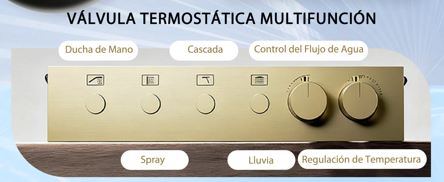 El texto dice: «VÁLVULA TERMOSTÁTICA MULTIFUNCIÓN», «Ducha de Mano», «Cascada», «Control del Flujo de Agua», «Spray», «Lluvia», «Regulación de Temperatura». Panel de control con múltiples ajustes de función de ducha y regulación de temperatura.