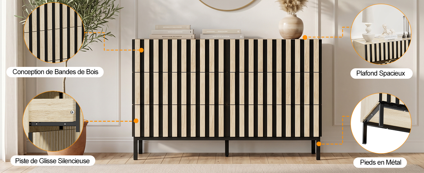 Le texte se lit comme suit : « Connexion le Beeswax to Pine », « Perfect Speaker », « Rope Cloth Upholster », « Fabric (Opt) ». Meuble en bois moderne avec un design à lattes verticales, un détail de poignée en corde et des composants réglables présentés sous plusieurs angles.