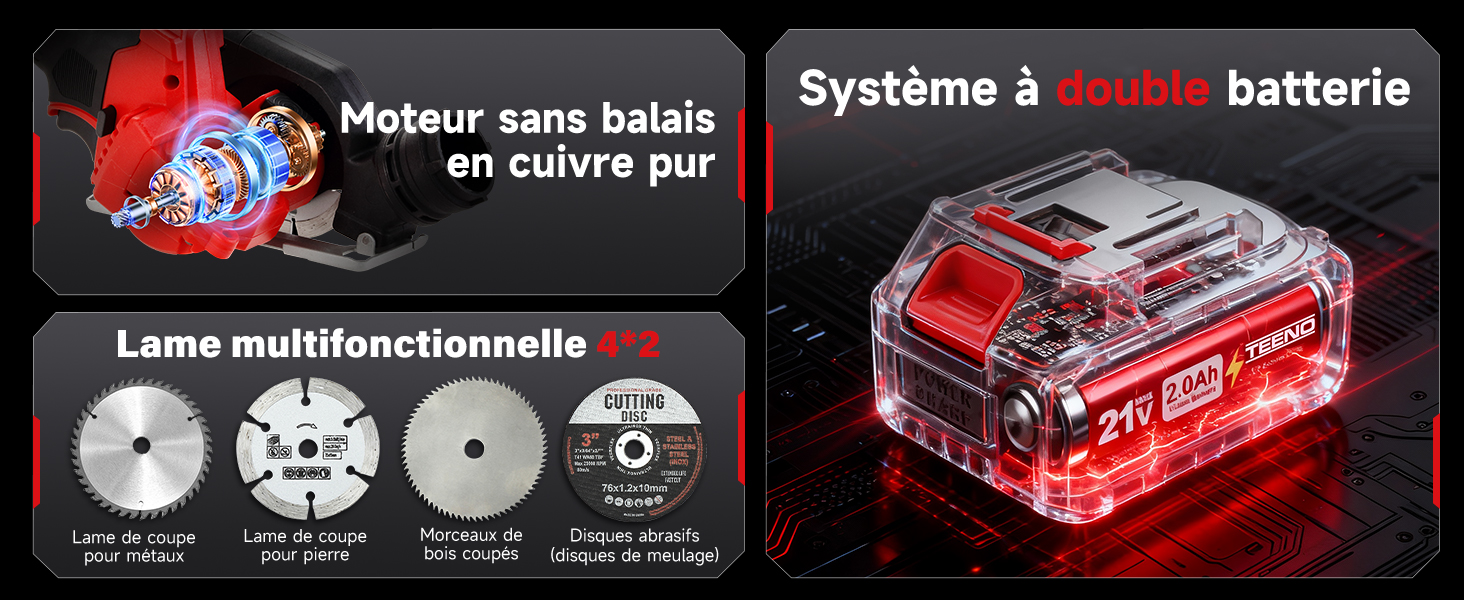 Le texte indique « Système batterie ». Collection d'images teintées en rouge montrant des composants électroniques et des équipements liés aux batteries avec texte en français.