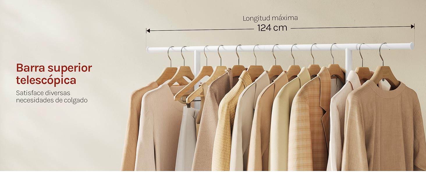 El texto dice «Barra superior telescópica» y «Altura ajustable». Perchero de madera con varias prendas de color canela y beige colgado de una barra horizontal expandible con una escala de medición de altura ajustable.