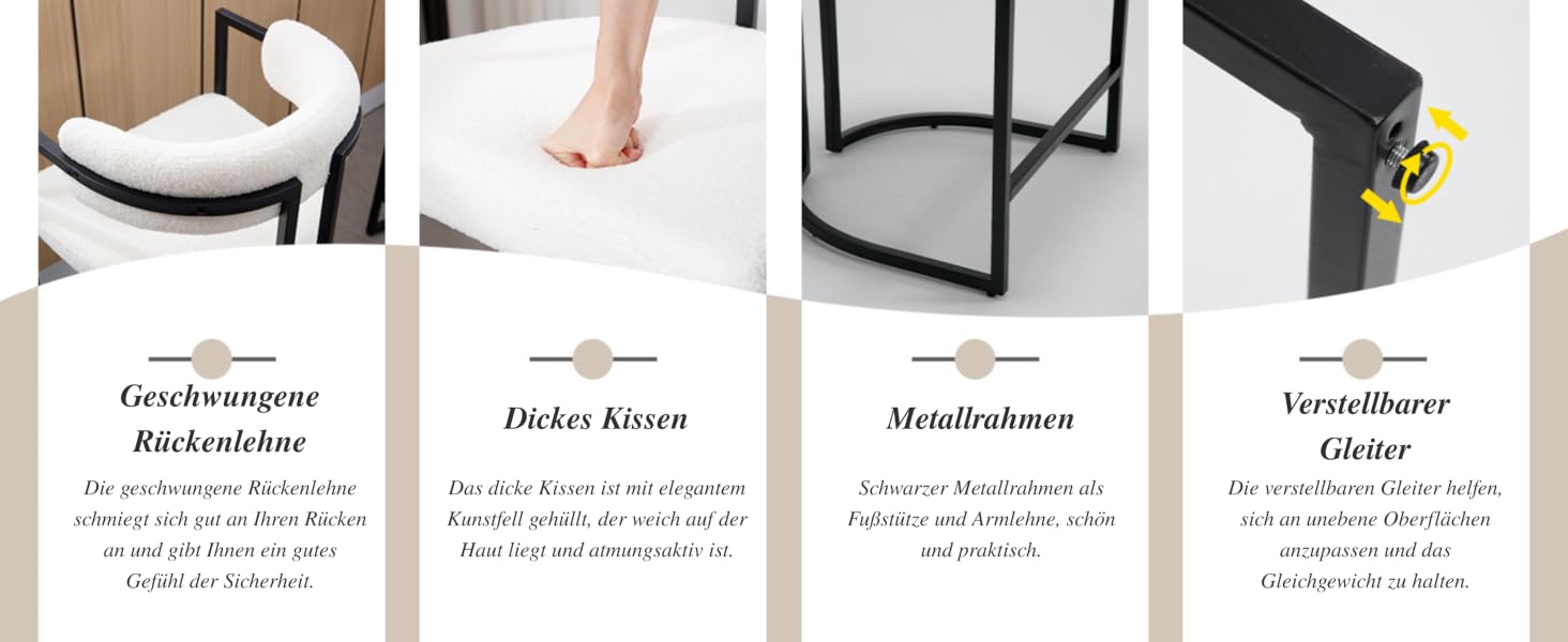 Produktdemonstration auf vier Panels, die die Merkmale des Stuhlkissens mit arabischem Text auf jedem Panel zeigt und verschiedene Nutzungsszenarien zeigt.