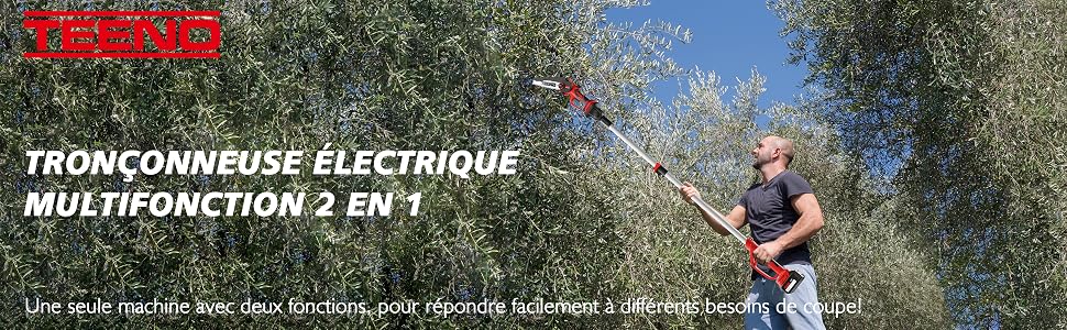 en cours d'utilisation, coupant des branches d'arbres. Un homme vêtu d'une chemise bleue fait fonctionner une scie rouge et noire avec une perche étendue parmi les oliviers sur fond de ciel bleu.