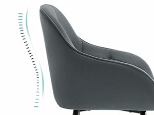 Poltrona imbottita grigia mostrata nella vista di profilo con schienale curvo e movimento reclinabile illustrato indicato da linee tratteggiate