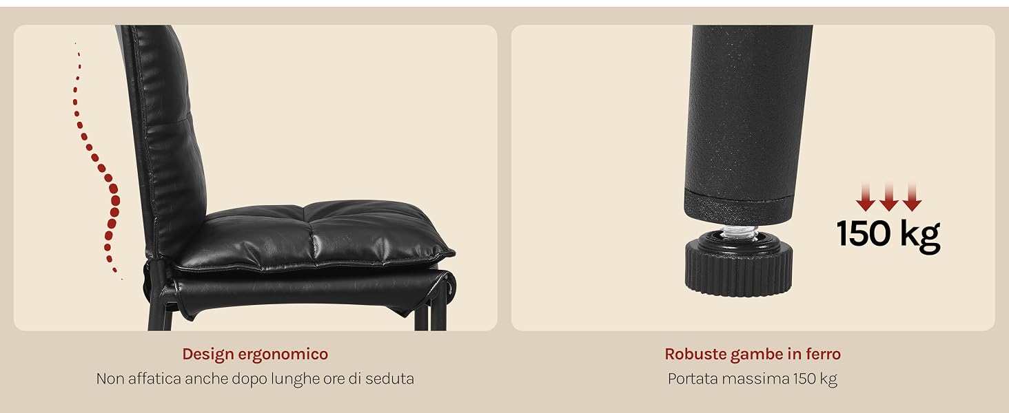 Immagine a pannello diviso che mostra i dettagli della sedia imbottita nera a sinistra e la pressione delle gambe/piedi con il testo «150 kg» e le specifiche della capacità di carico in più lingue sulla destra.