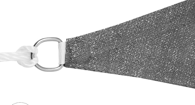 Gray rectangular shade sail with metal ring attachment. Text highlights durable polypropylene material and rustproof hanger rings. Close-up of corner seams shown.