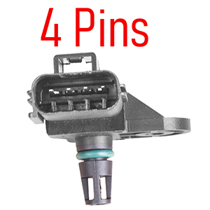 Text reads '4 Pins'. Technical product photo of a black automotive sensor or electrical component with metal pins and mounting bracket.